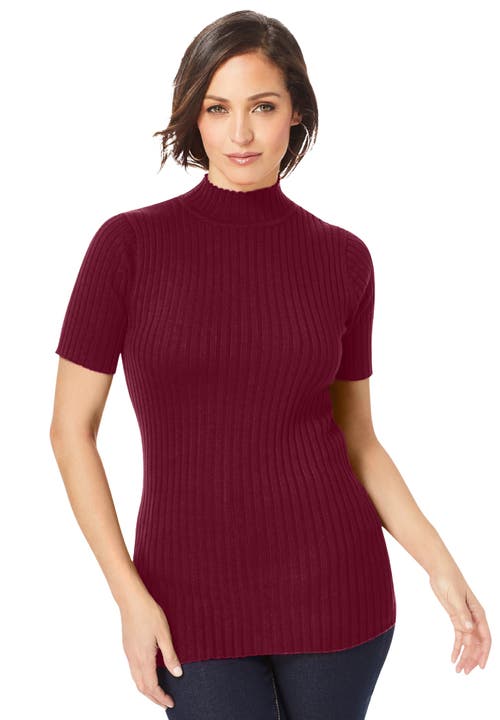 Jessica London Rib Mockneck Sweater In Burgundy