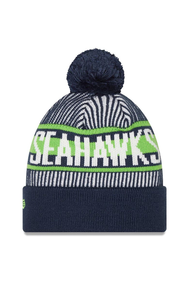 Men's New Era College Navy Seattle Seahawks Striped Cuffed Knit Hat with Pom, Alternate, color, Navy