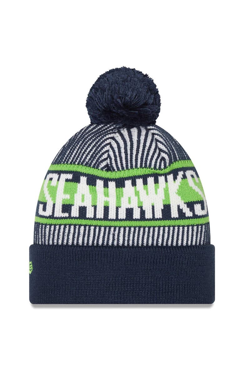 New Era Men's New Era College Navy Seattle Seahawks Striped Cuffed Knit Hat with Pom, Alternate, color, Navy