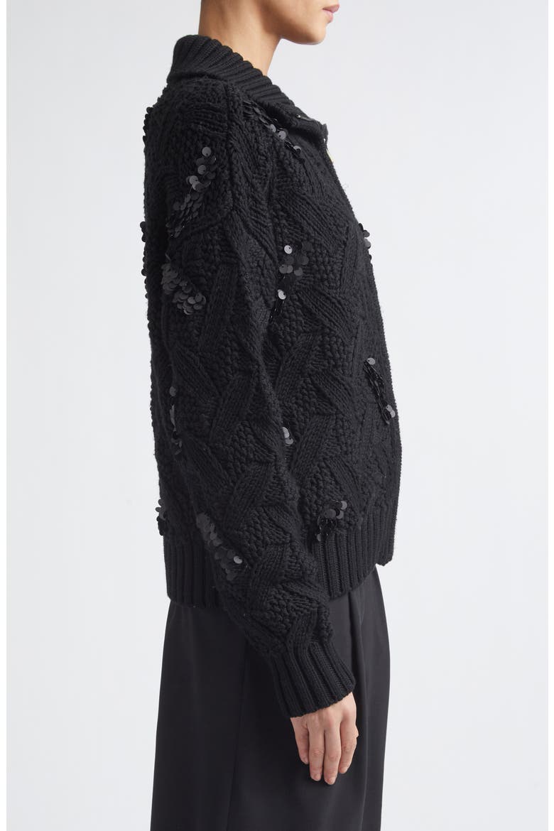Sequin Embellished Cable Stitch Wool Zip Cardigan, Alternate, color, 22 BLACK