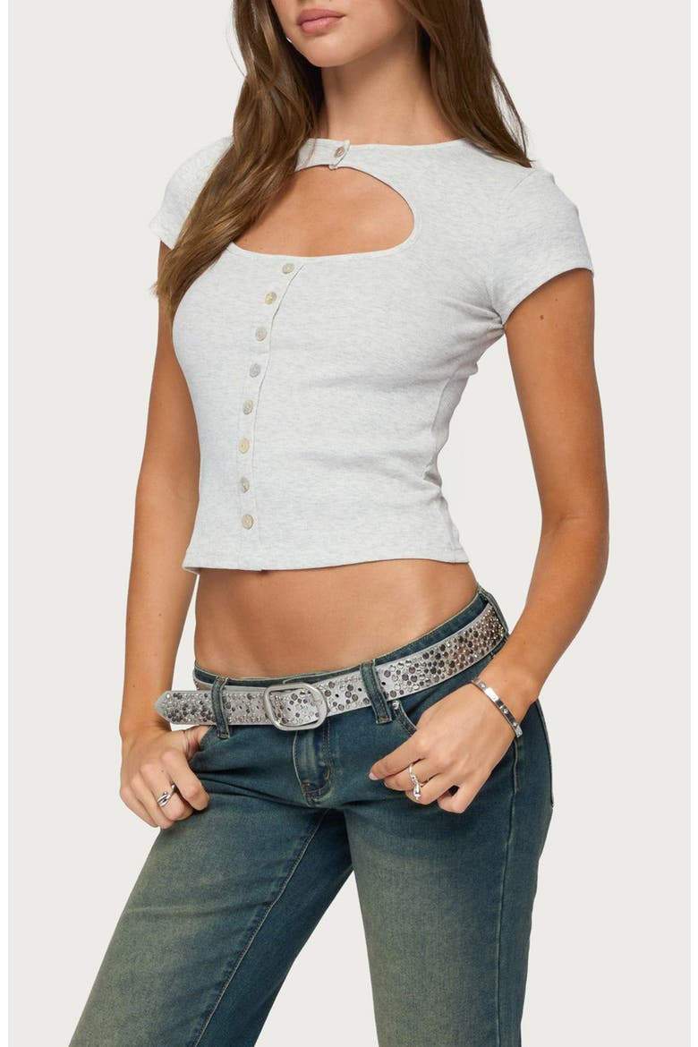 Tyla Button Up Keyhole Cutout Top, Alternate, color, LIGHT-GRAY-MELANGE