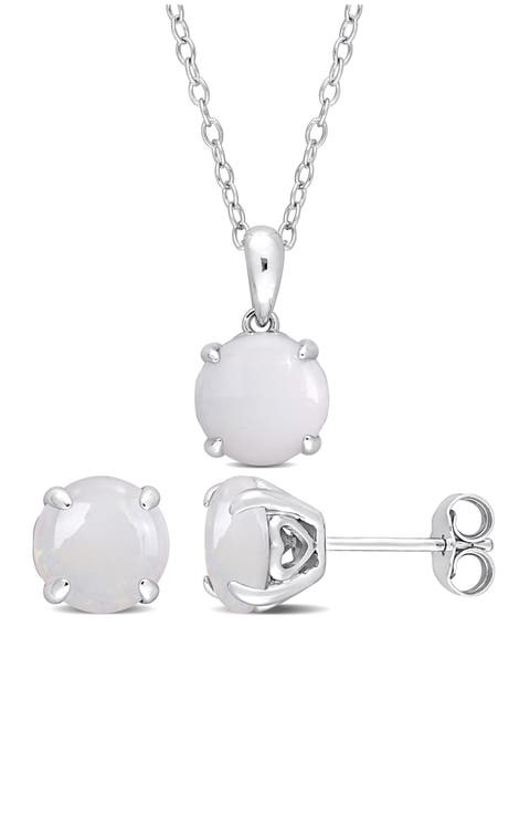 Round Opal Stud Earrings & Pendant Necklace Set