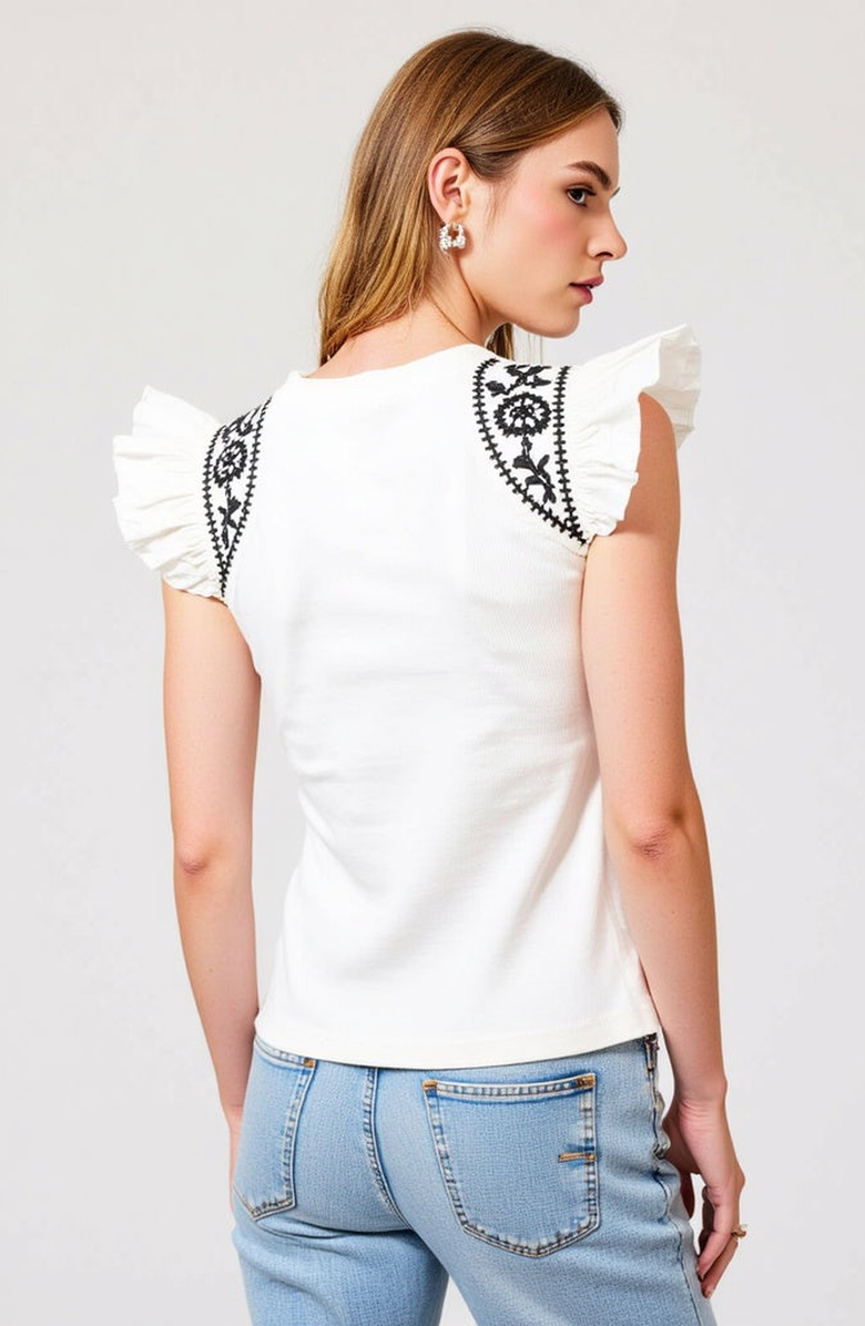 Modenaire Ruffled Cap-Sleeve Knit Top with Embroidered Shoulder Detail, Alternate, color, White / Black