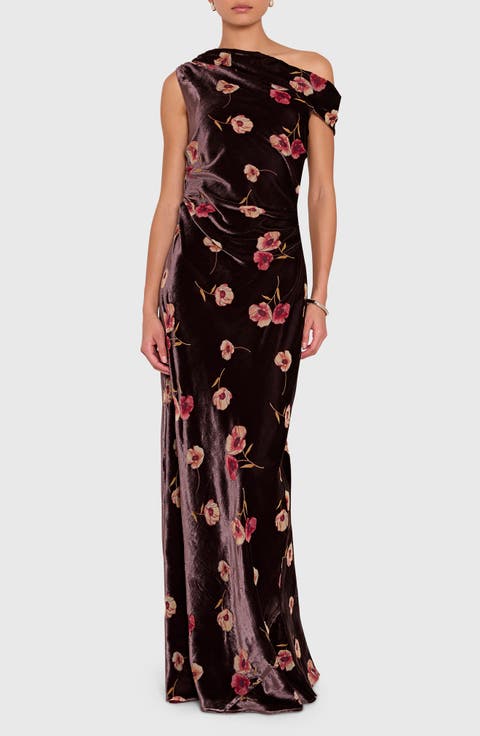 Anitta Floral Velvet Burnout One-Shoulder Gown