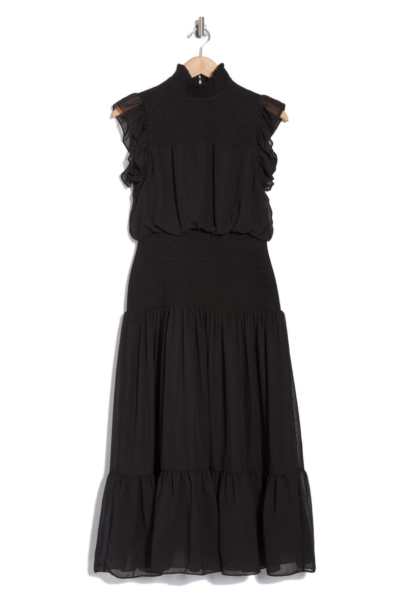 Flutter Sleeve Smocked Drop Waist Midi Dress, Alternate, color, BLACK