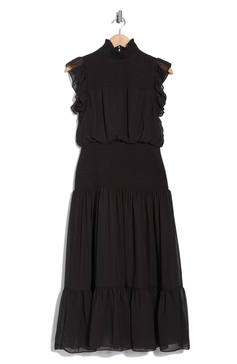 AREA STARS Flutter Sleeve Smocked Drop Waist Midi Dress, Alternate, color, Black