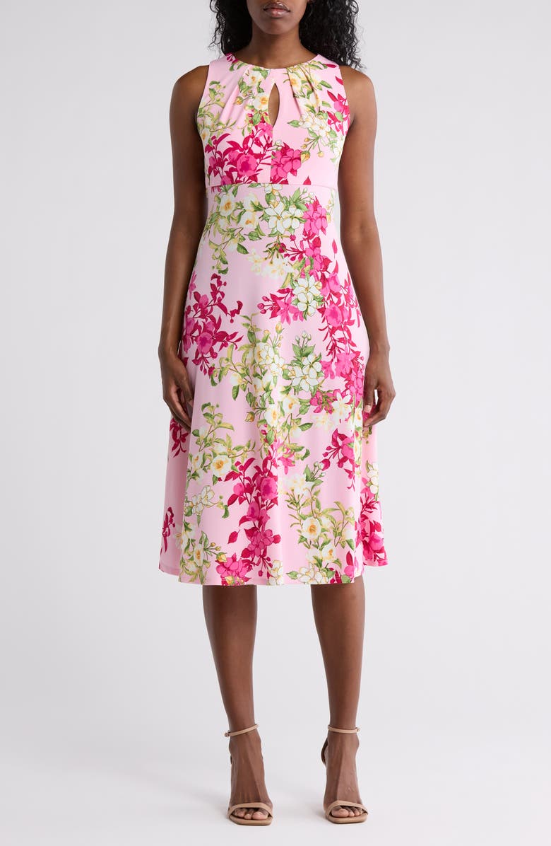 London Times Garden Medley Floral Keyhole Sleeveless Midi Dress, Main, color, Pink/ Yellow