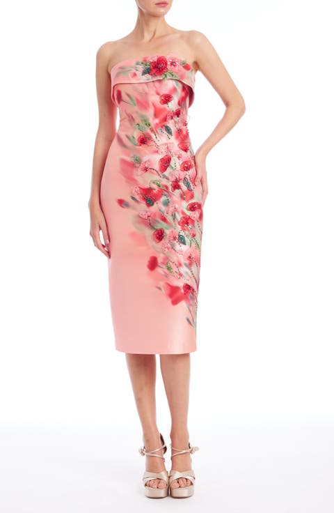 Flower Embellished Strapless Cocktail Dress