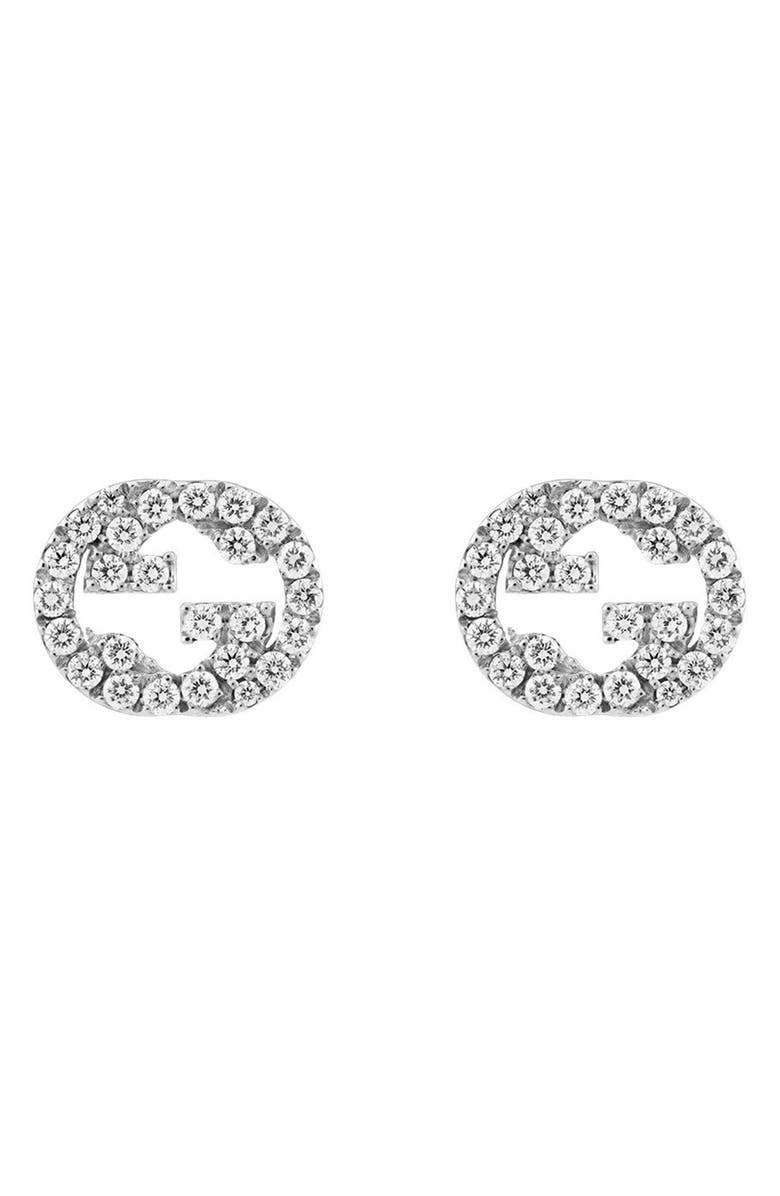 Gucci Large Interlocking-G Diamond Stud Earrings, Main, color, White Gold
