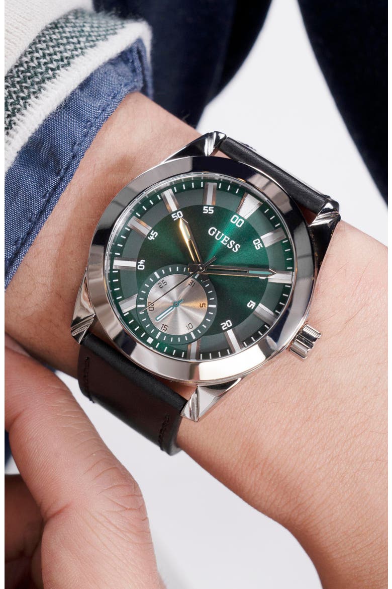 Grayson Leather Strap Watch, 44mm, Alternate, color, BLACK