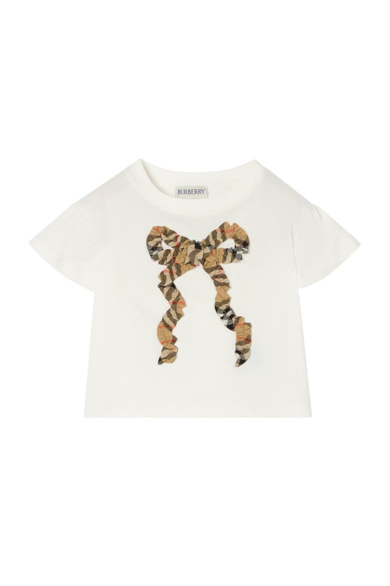 Girls' Check Bow Cotton T-shirt, Main, color, Chalk white