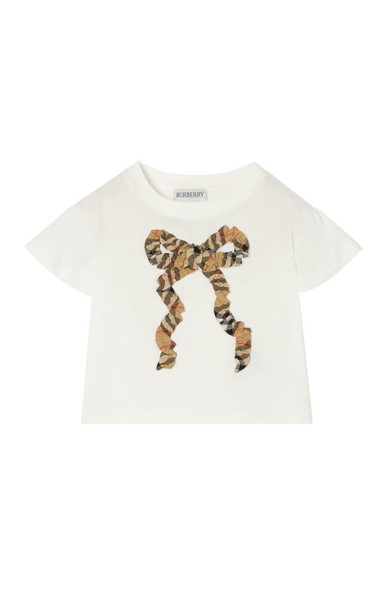 Burberry Girls' Check Bow Cotton T-shirt, Main, color, Chalk White