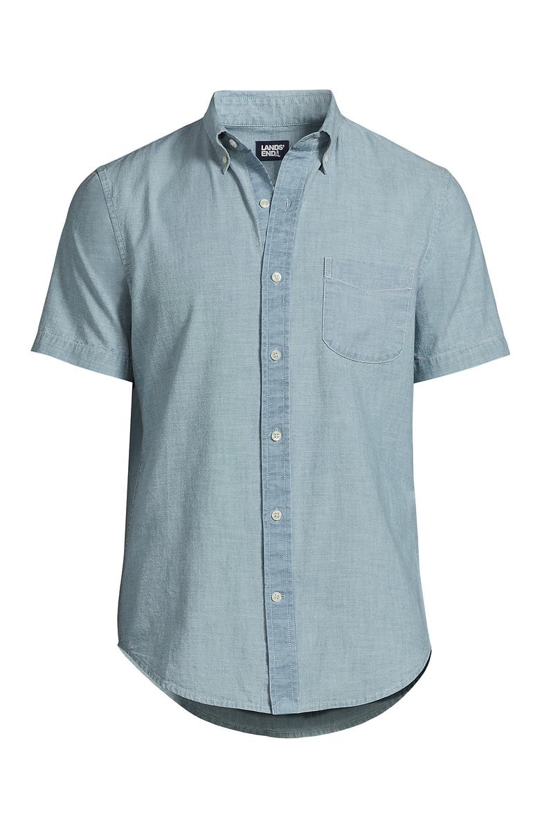 Lands' End Short Sleeve Button Down Chambray Shirt, Alternate, color, Light Indigo Chambray
