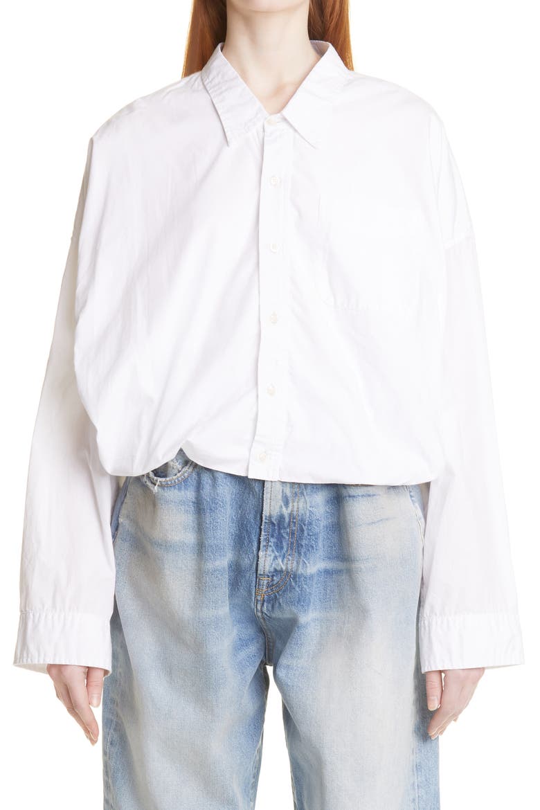 Gathered Hem Crop Cotton Button-Up Shirt, Main, color, WHITE