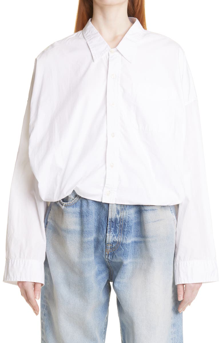 R13 Gathered Hem Crop Cotton Button-Up Shirt, Main, color,