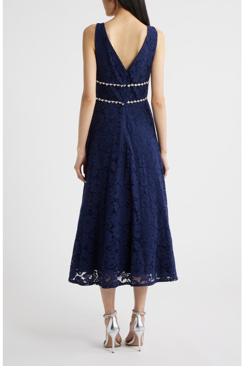 Faux Pearl & Rhinestone Detail Floral Lace Cocktail Midi Dress, Alternate, color, NAVY