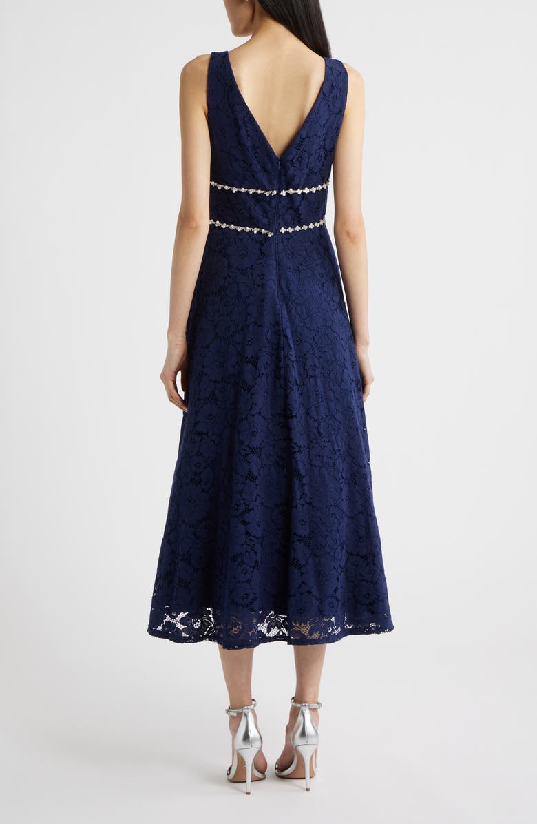 Tahari ASL Faux Pearl & Rhinestone Detail Floral Lace Cocktail Midi Dress, Alternate, color, Navy