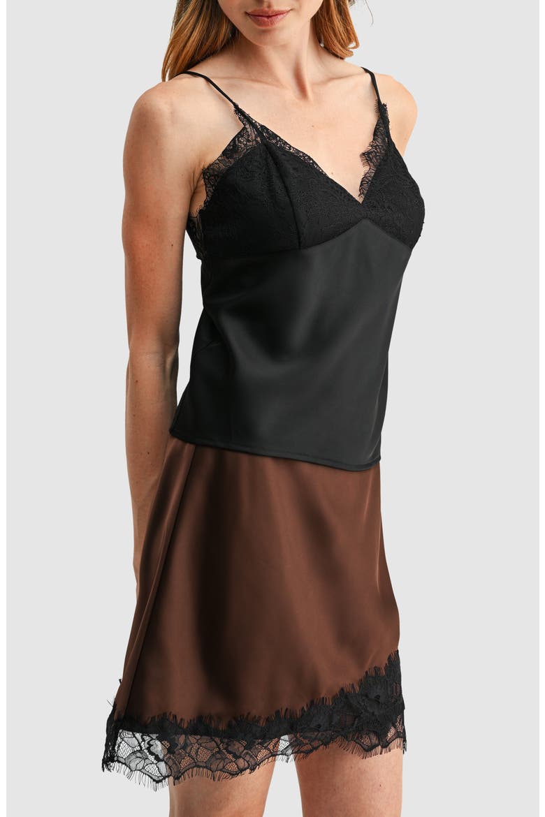 Lace Trim V-Neck Satin Camisole, Alternate, color, BLACK