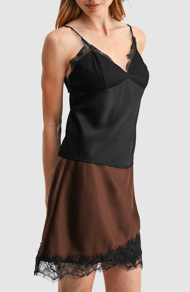 Lush Lace Trim V-Neck Satin Camisole, Alternate, color, Black