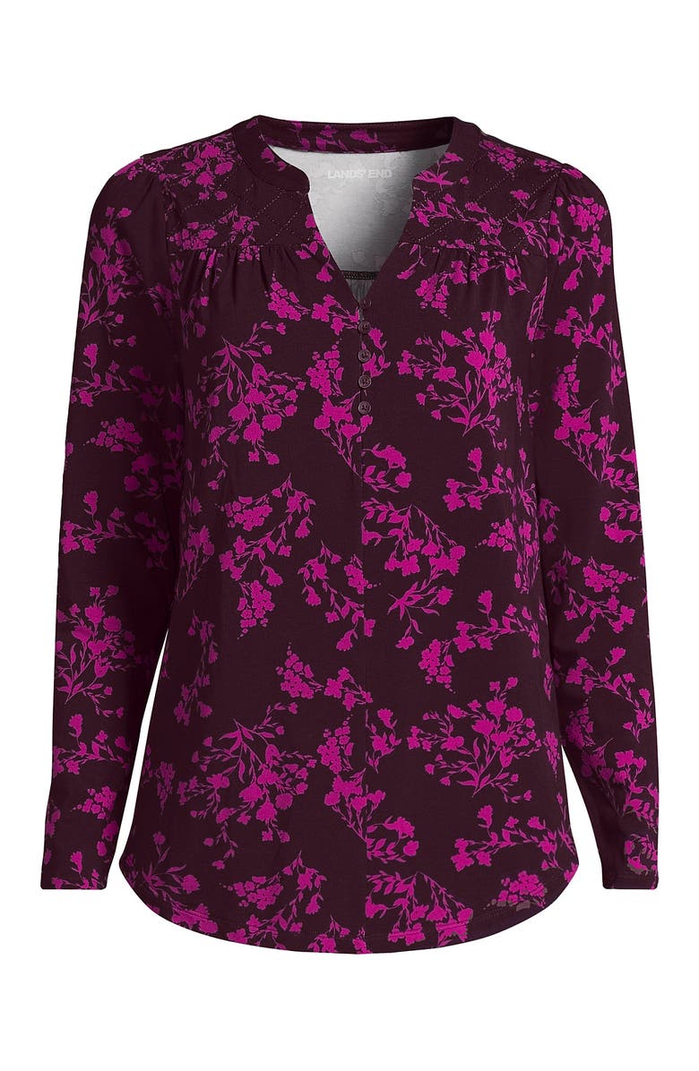 Lands' End Long Sleeve Lightweight Jersey Notch Neck Tunic Top, Alternate, color, Lush Burgundy Wildflowers