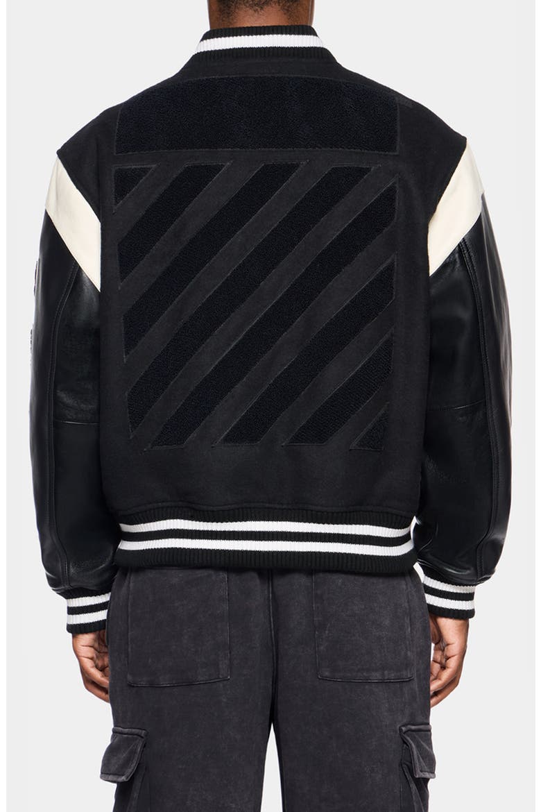 Off Varsity Wool & Leather Jacket, Main, color, BLACK