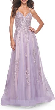 La Femme Two Tone Tulle A-Line Prom Dress with Floral Beaded Detail