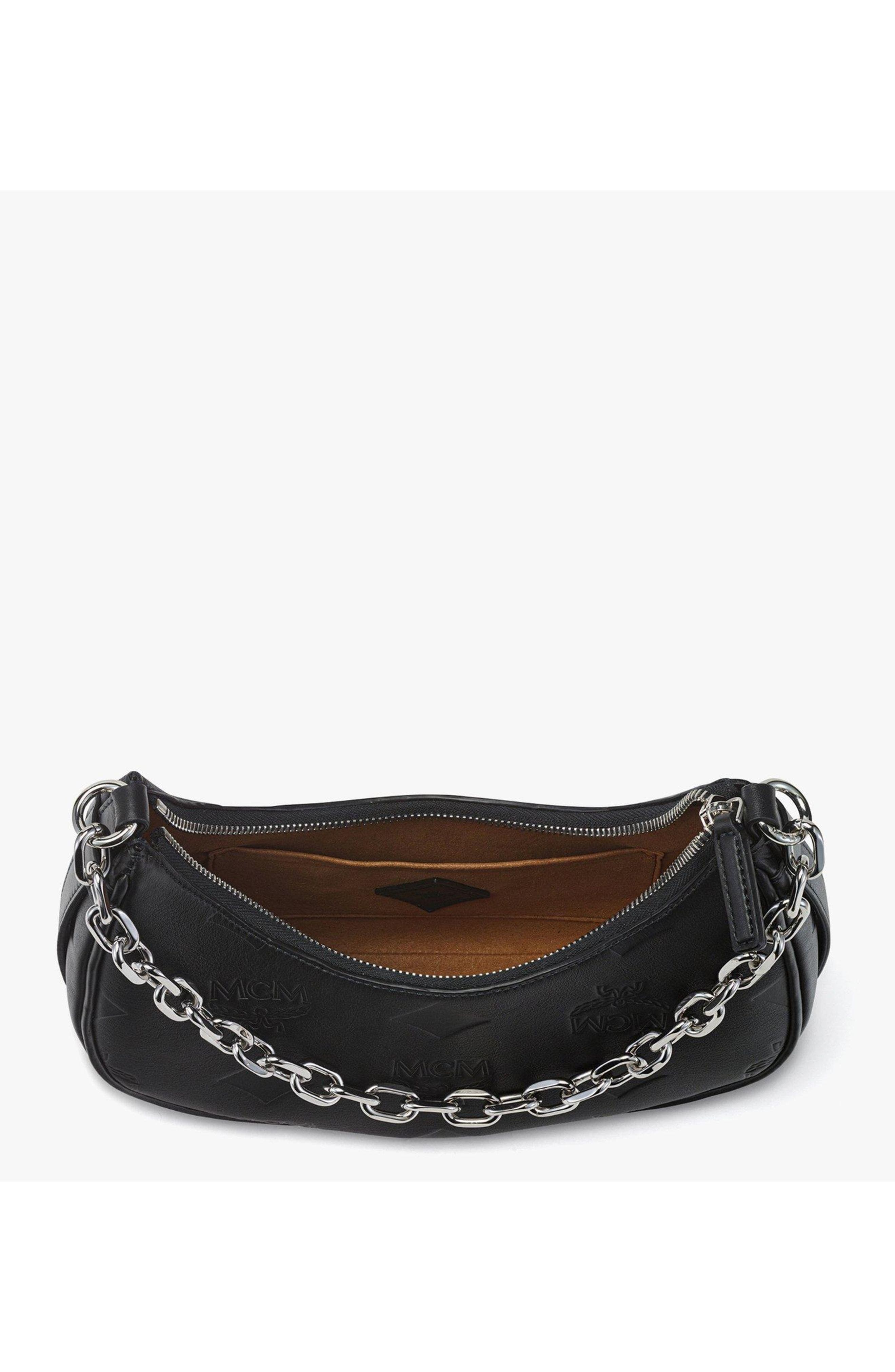 MCM Aren Crescent Hobo Bag in Maxi Monogram Leather, Alternate, color, Black