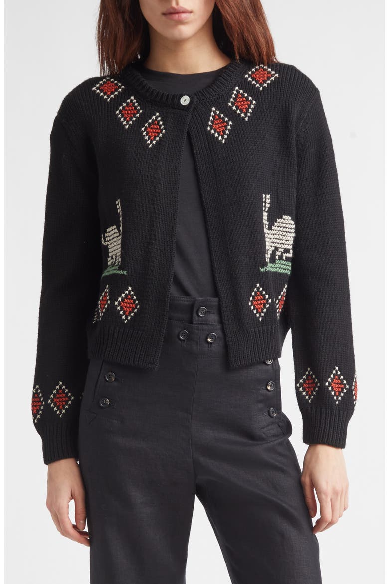 Bunny Cross Stitch Wool Cardigan, Main, color, BLACK