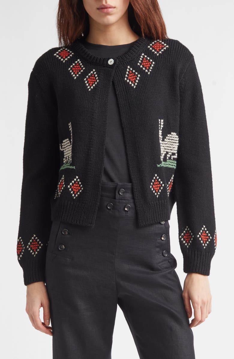 Bode Bunny Cross Stitch Wool Cardigan, Main, color, Black