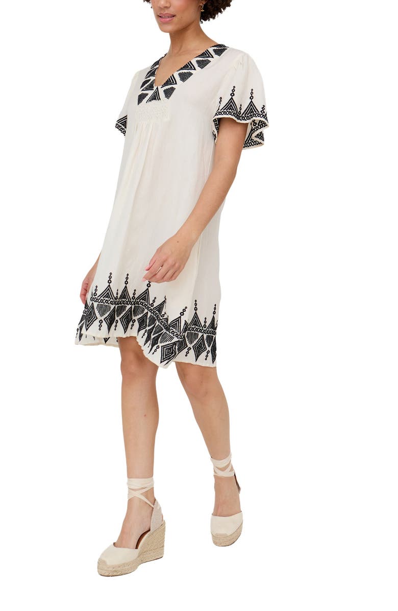 Raffya Liberty V-Neck Embroidered Mini Dress, Alternate, color, Cream