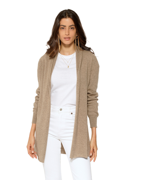 Monticelli Cashmere Long Open Front Pure Cashmere Cardigan In Brown