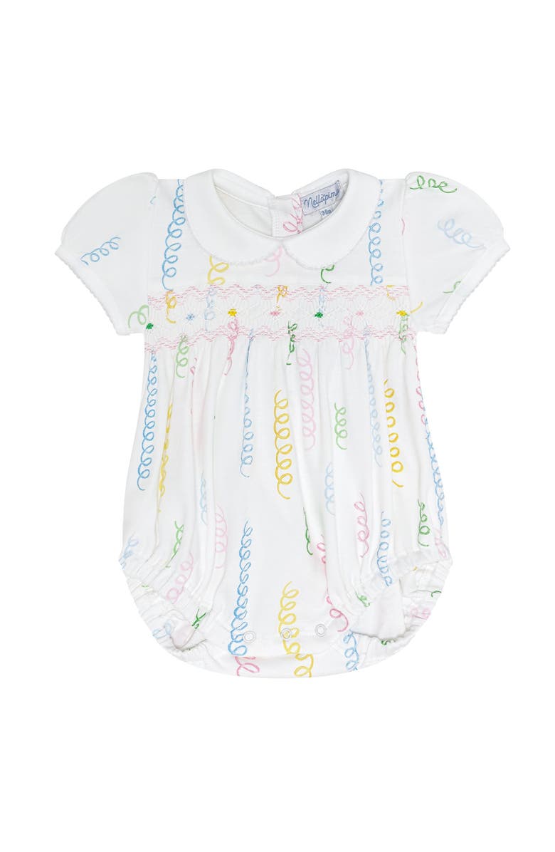 Nellapima Spirals Print Smocked Bubble - Baby, Main, color, White Multicolor