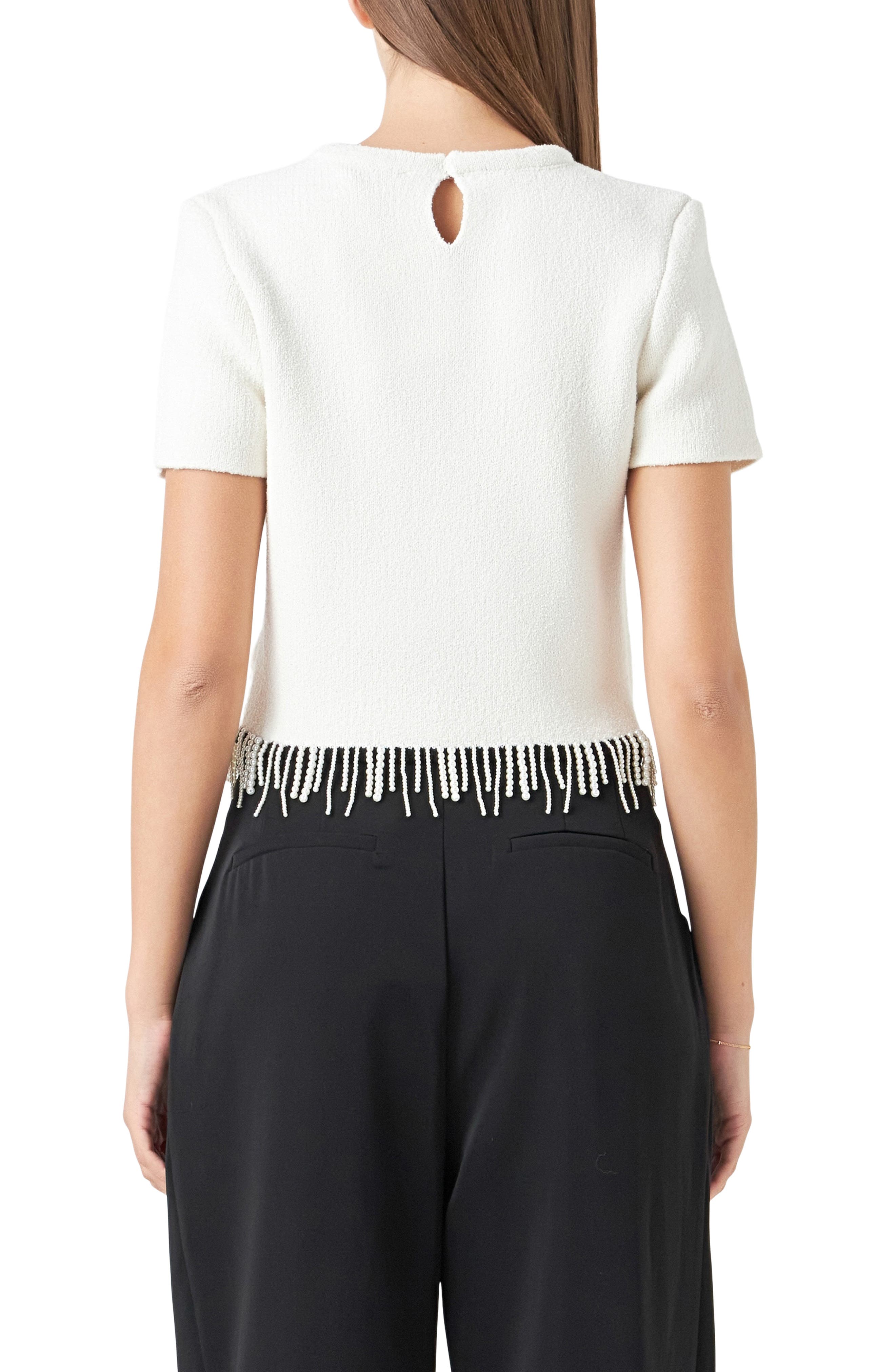 Imitation Pearl Hem Short Sleeve Sweater - image 4