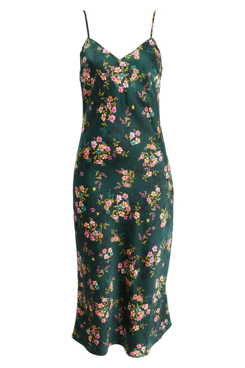 Sarah Floral Print Midi Slipdress, Alternate, color, FOREST GREEN