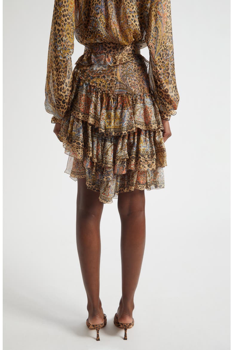 Paisley Leopart Spot Tiered High-Low Silk Miniskirt, Alternate, color, DARK BROWN