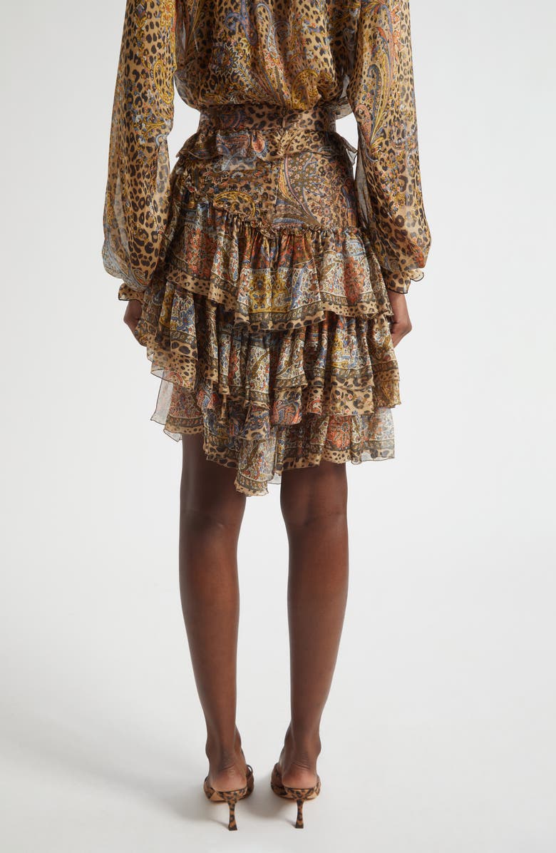 Etro Paisley Leopart Spot Tiered High-Low Silk Miniskirt, Alternate, color, Dark Brown