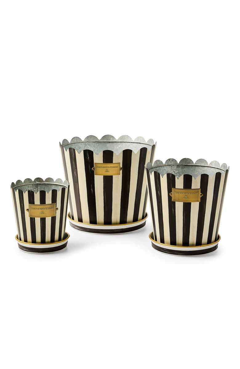 MACKENZIE CHILDS Courtly Stripe Stripe Set of 3 Pots & Saucers, Main, color, Black