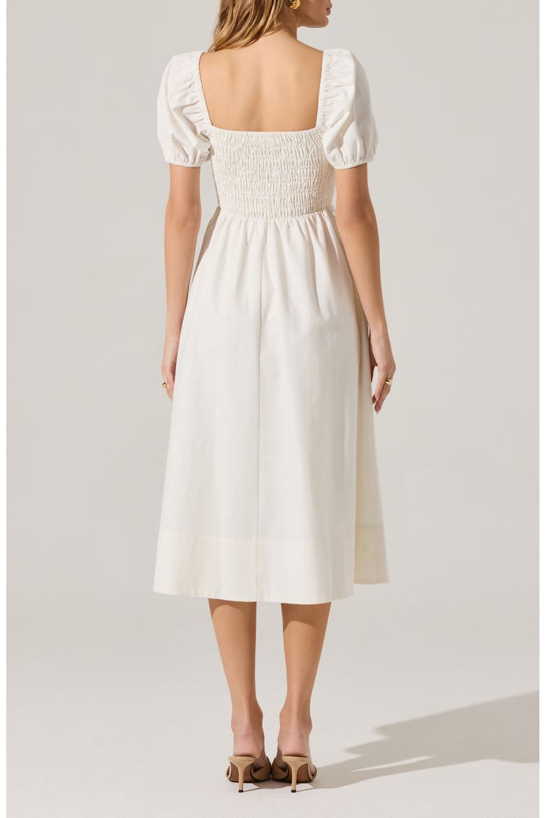 Bow Detail Smock Bodice Cotton Blend Dress, Alternate, color, WHITE