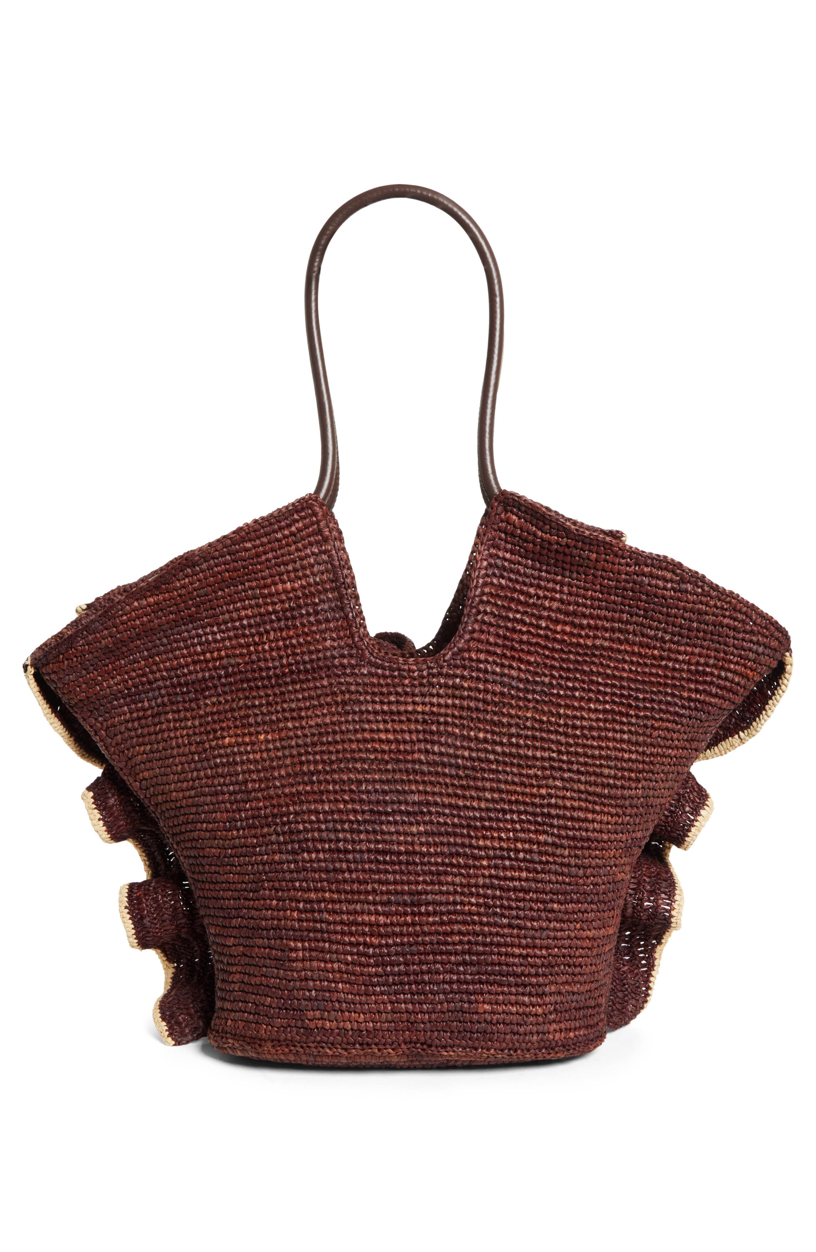 Medium Goldentime Ruffle Raffia Tote, Alternate, color, CHOCOLATE