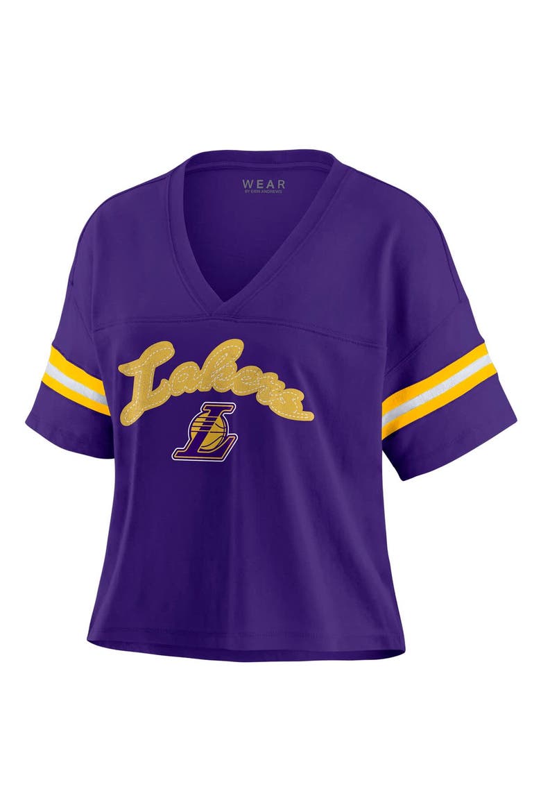 Women's WEAR by Erin Andrews Purple Los Angeles Lakers Plus Size Color Block Boxy V-Neck T-Shirt, Alternate, color, Purple
