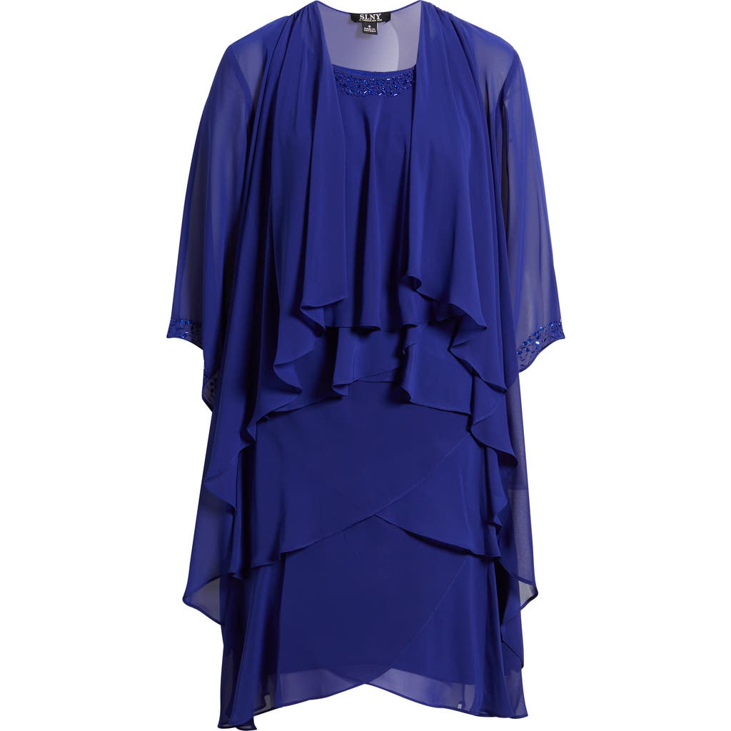 Sl Fashions Embellished Tiered Dress & Jacket Set In Iris