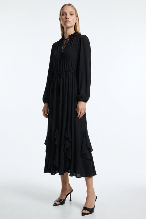 Long Sleeve Drawstring Waist Tiered Midi Dress