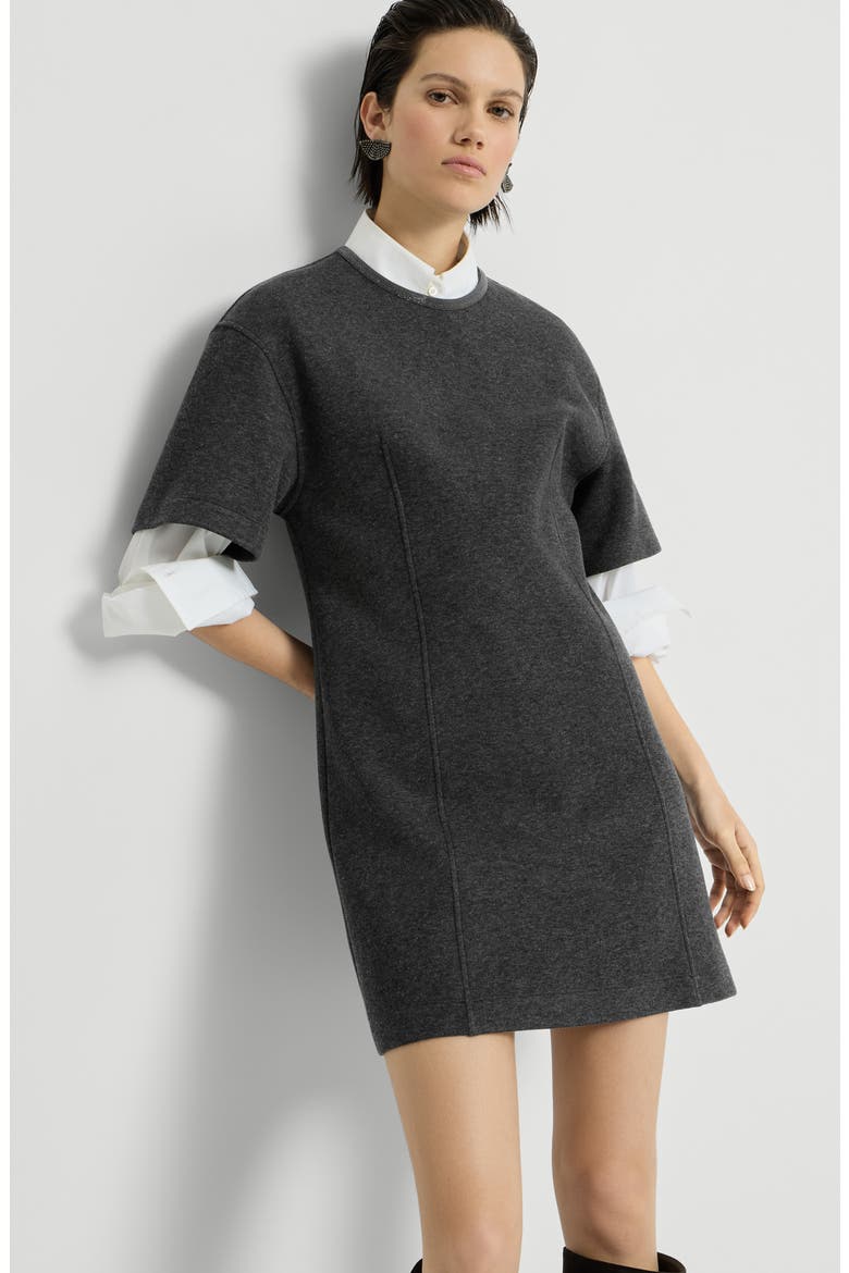 Techno cotton and cashmere interlock t-shirt dress with precious collar, Alternate, color, Anthracite