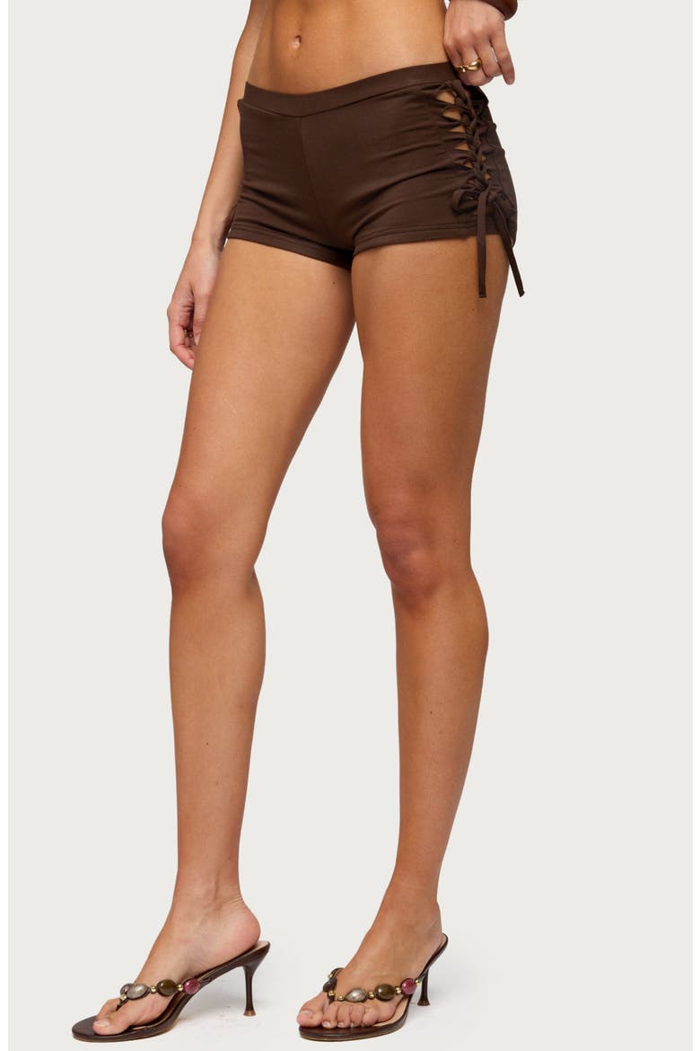Jilly Side Cutout Micro Shorts, Alternate, color, BROWN