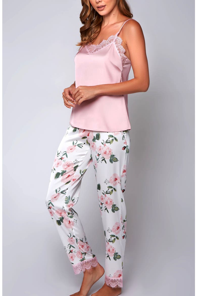 Lace Trim Satin Cami & Floral Pants Pajama Set, Alternate, color, Pink