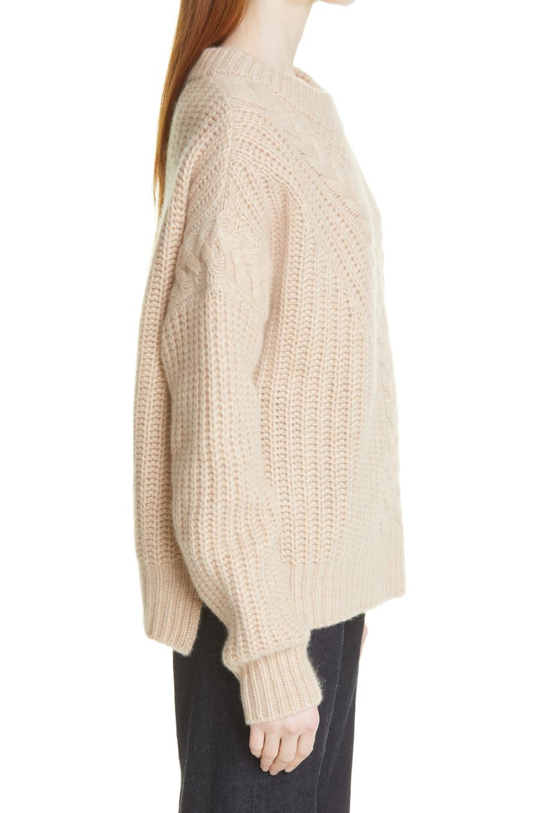 V-Cable Cashmere Crewneck Sweater, Alternate, color, LIGHT TAN