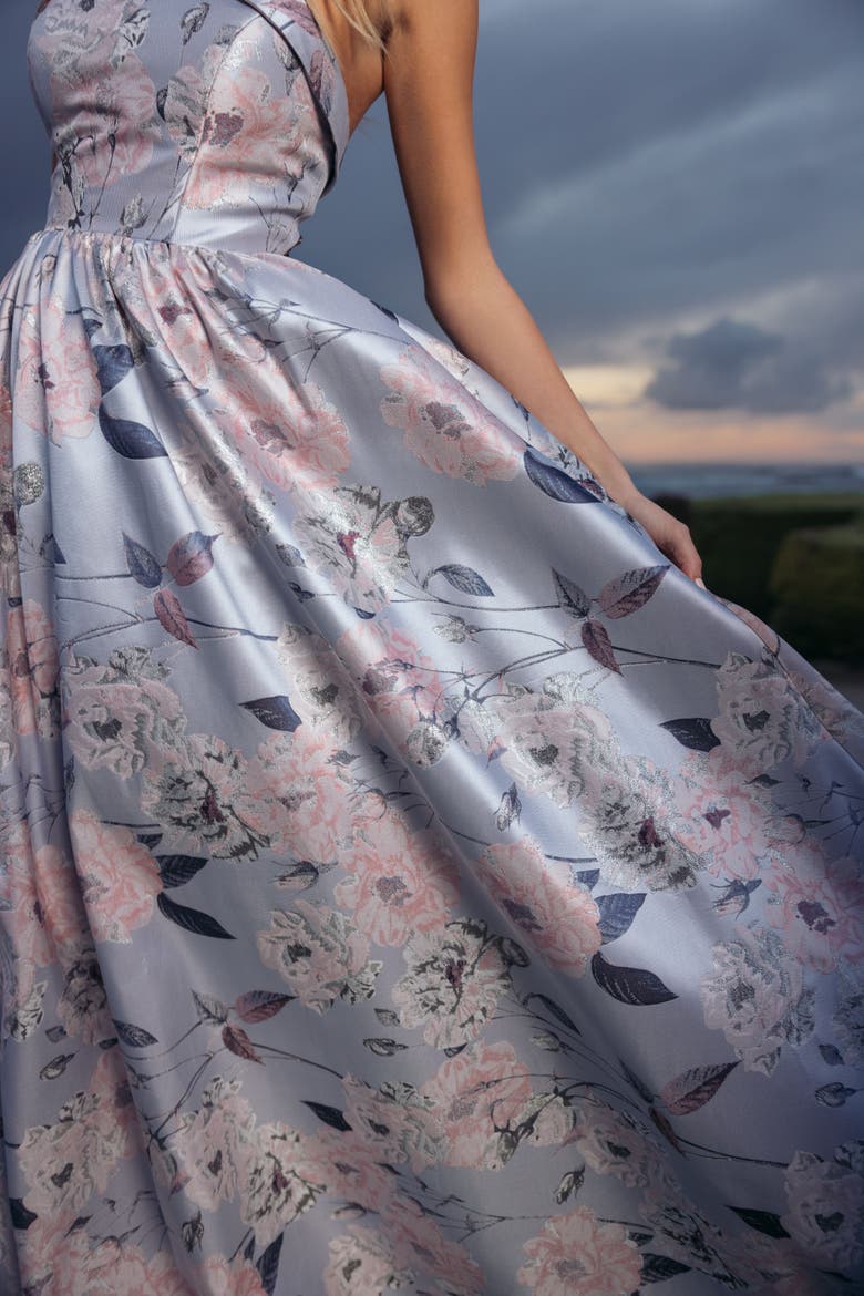 Floral Brocade Strapless A Line Ballgown, Alternate, color, Blue Multi