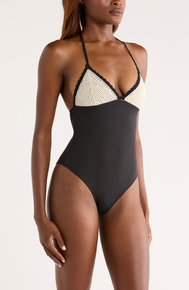 MANGO Mixed Media One-Piece Swimsuit, Alternate, color, 