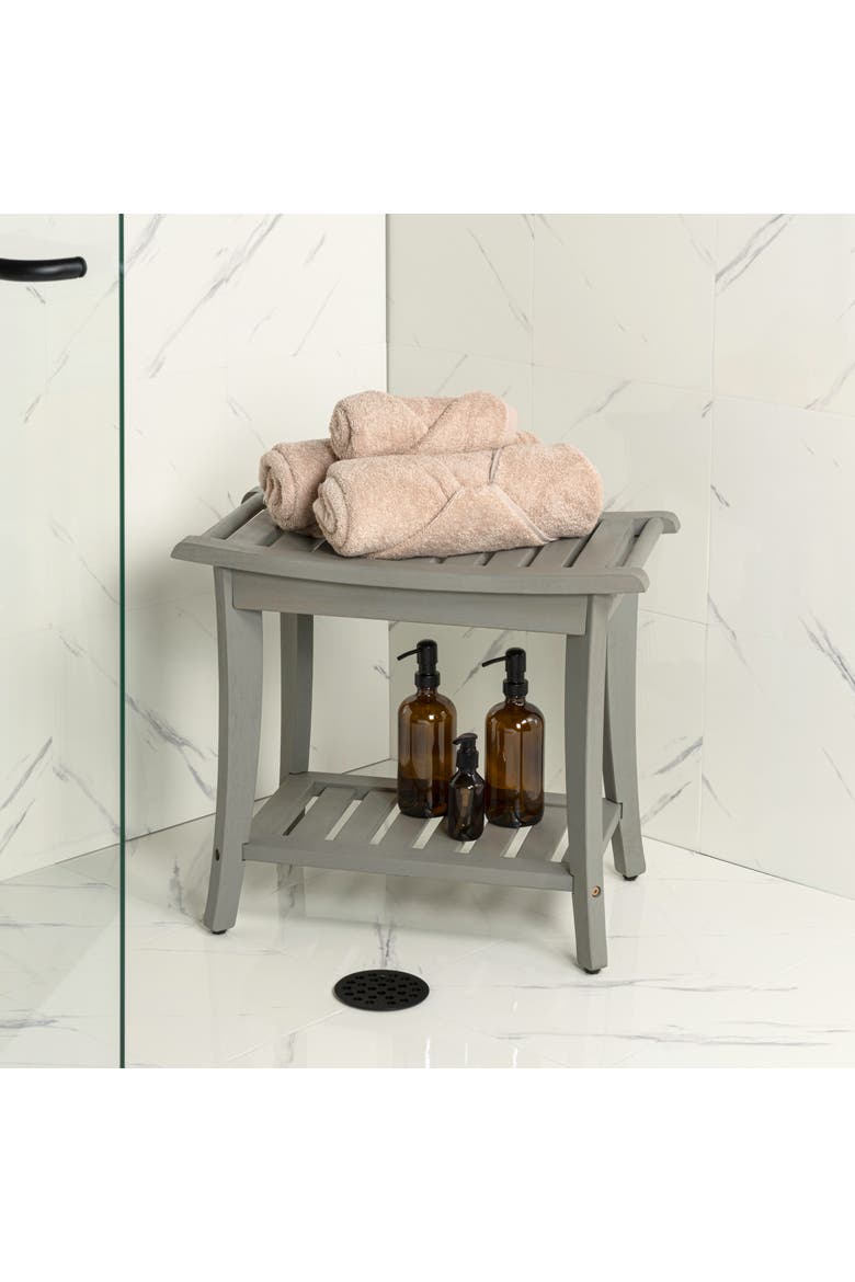Tucker Modern Acacia Wood Shower Bench with Storage Shelf, Water-Resistant 2-Tier Spa Bath Stool for Bathroom and Outdoor Use, Alternate, color, Gray
