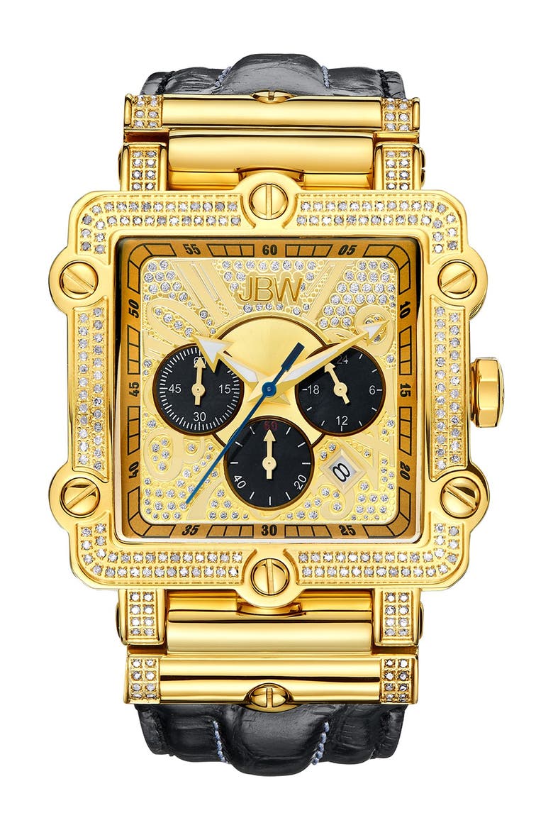 Phantom Leather Strap Diamond Chronograph Watch, 46mm, Main, color, GOLD